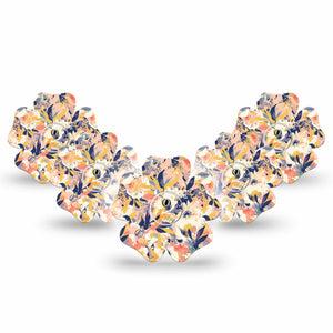 ExpressionMed Tinted Blooms Freestyle Libre 3 Flower Shape Tape 5-Pack Tape and 5-Pack Sticker Artwork Blended Orange Blue Florals Plaster CGM Design