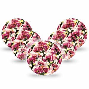 ExpressionMed Maroon Flowers Freestyle Libre and Libre 2 Plus Tape, Abbott Lingo, 5-Pack Tape and 5-Pack Sticker Delicate Burgundy Petals, Fixing Ring Tape Continuous Glucose Monitor Design