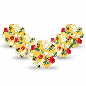 ExpressionMed Bees and Flowers Freestyle Libre 3 and Libre 3 Plus Flower Shape Tape 5-Pack Tape and 5-Pack Sticker Bee Harmony Overlay Tape CGM Design