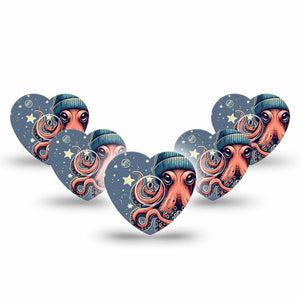 ExpressionMed Hipster Octopus Freestyle Libre 3 Heart Shape Tape 5-Pack Tape and 5-Pack Sticker Whimsy Octopus, Patch CGM Design