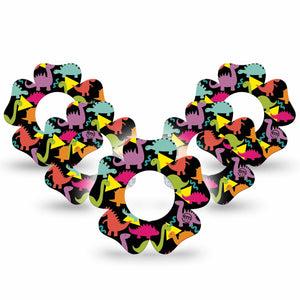 ExpressionMed Delightful Dinos Freestyle Libre 2 and Libre 2 Plus Flower Shape Tape, Abbott Lingo,  5-Pack Tape Happy Dinosaurs, Fixing Ring Tape CGM Design