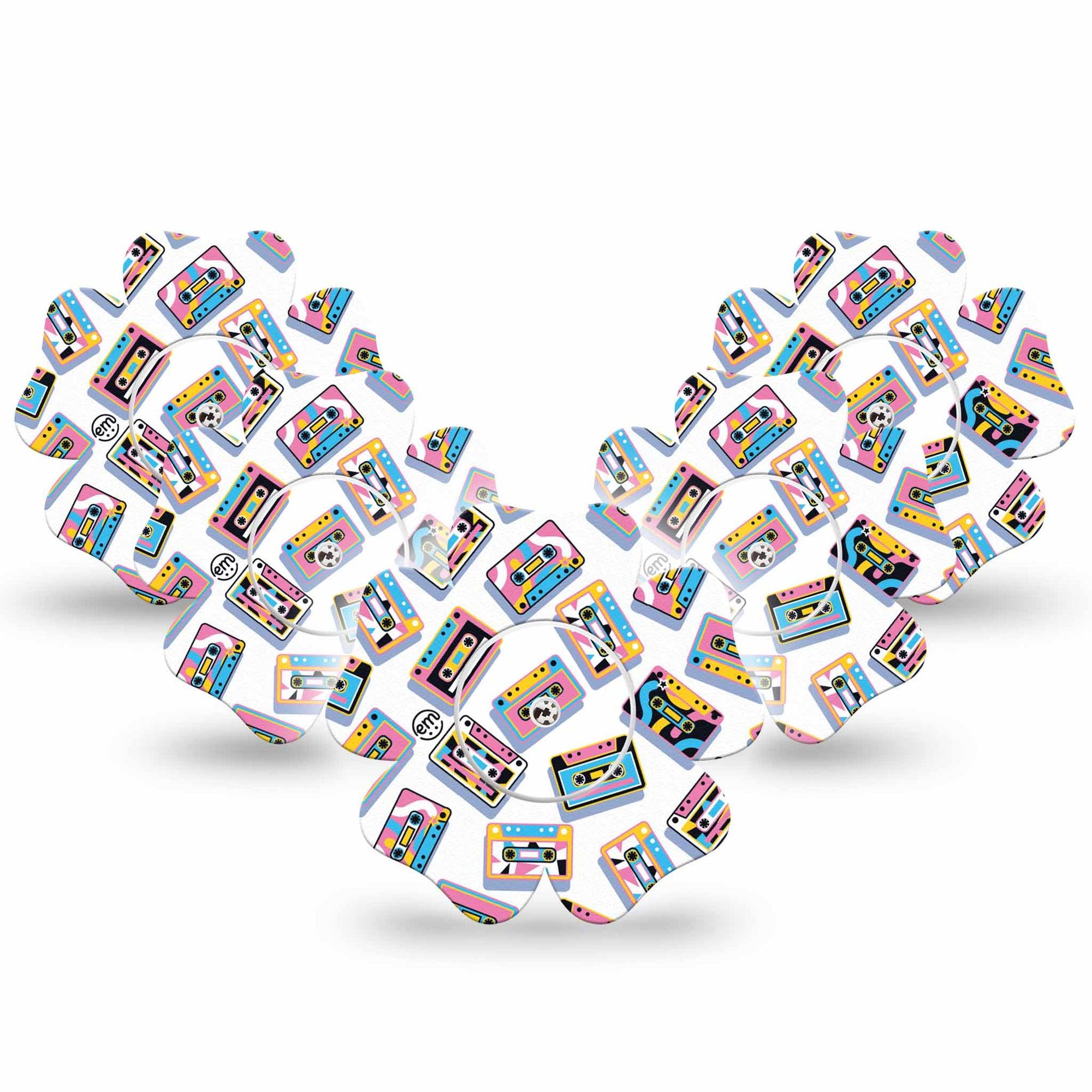 ExpressionMed Vintage Music Tapes Freestyle Libre 2 and Libre 2 Plus Flower Shape Tape, Abbott Lingo,  5-Pack Tape and 5-Pack Sticker Bright Cassette Pattern, Fixing Ring Tape CGM Design