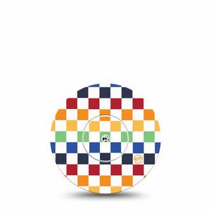 ExpressionMed Rainbow Checkerboard Freestyle Libre and Libre 2 Plus Tape, Abbott Lingo, Single Tape and Single Sticker Fun Checkerboard, Fixing Ring Tape Continuous Glucose Monitor Design