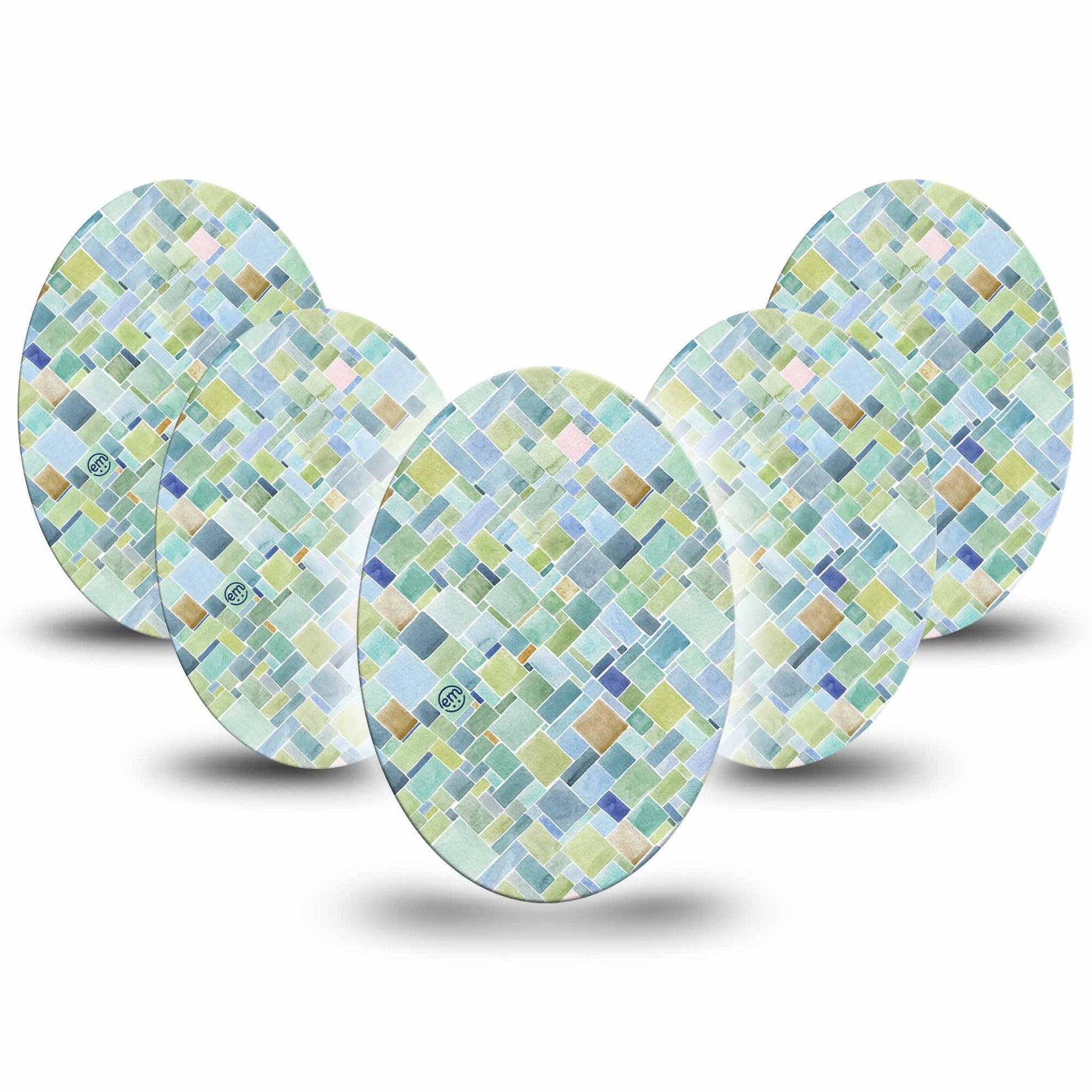 ExpressionMed Watercolor Geometrics Medtronic Guardian Enlite Universal Oval 5-Pack Patchwork-Like Blue Green Design Plaster Continuous Glucose Monitor Design