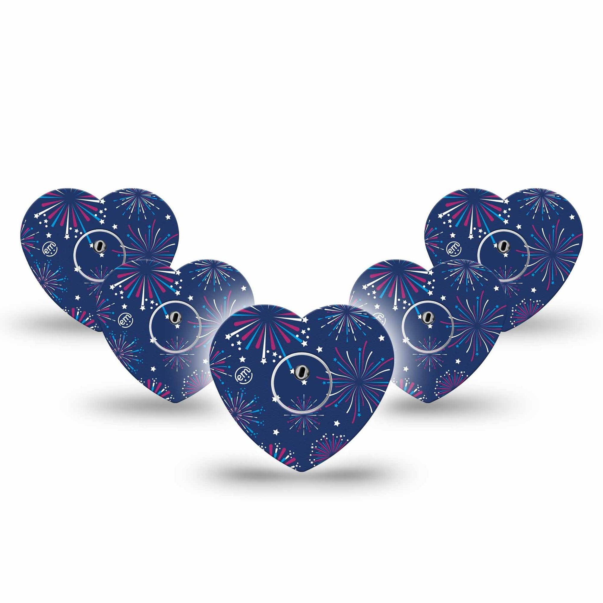 ExpressionMed Night Sky Celebration Freestyle Libre 3 Heart Shape Tape 5-Pack Tape and 5-Pack Sticker 4th of July Fireworks Patch CGM Design