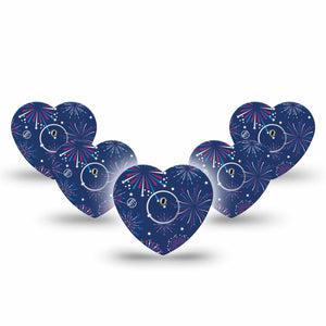 ExpressionMed Night Sky Celebration Freestyle Libre 3 Heart Shape Tape 5-Pack Tape and 5-Pack Sticker 4th of July Fireworks Patch CGM Design