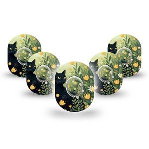 ExpressionMed Jungle Cat Dexcom G7 and Dexcom Stelo Glucose Biosensor System Mini, 5-Pack Tape and 5-Pack Sticker Golden tulips and cat Sensor Cover for Continuous Glucose Monitor