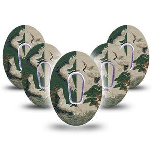 ExpressionMed Tapestry Cranes Dexcom G6, 5-Pack Tape and 5-Pack Sticker Art cranes and trees Decorative Decal for CGM