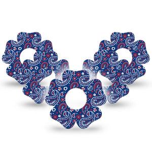 ExpressionMed Independence Paisley Infusion Set Flower Shape Tape 10-Pack Tape Blue Red White Paisley Print, Plaster Continuous Glucose Monitor Design