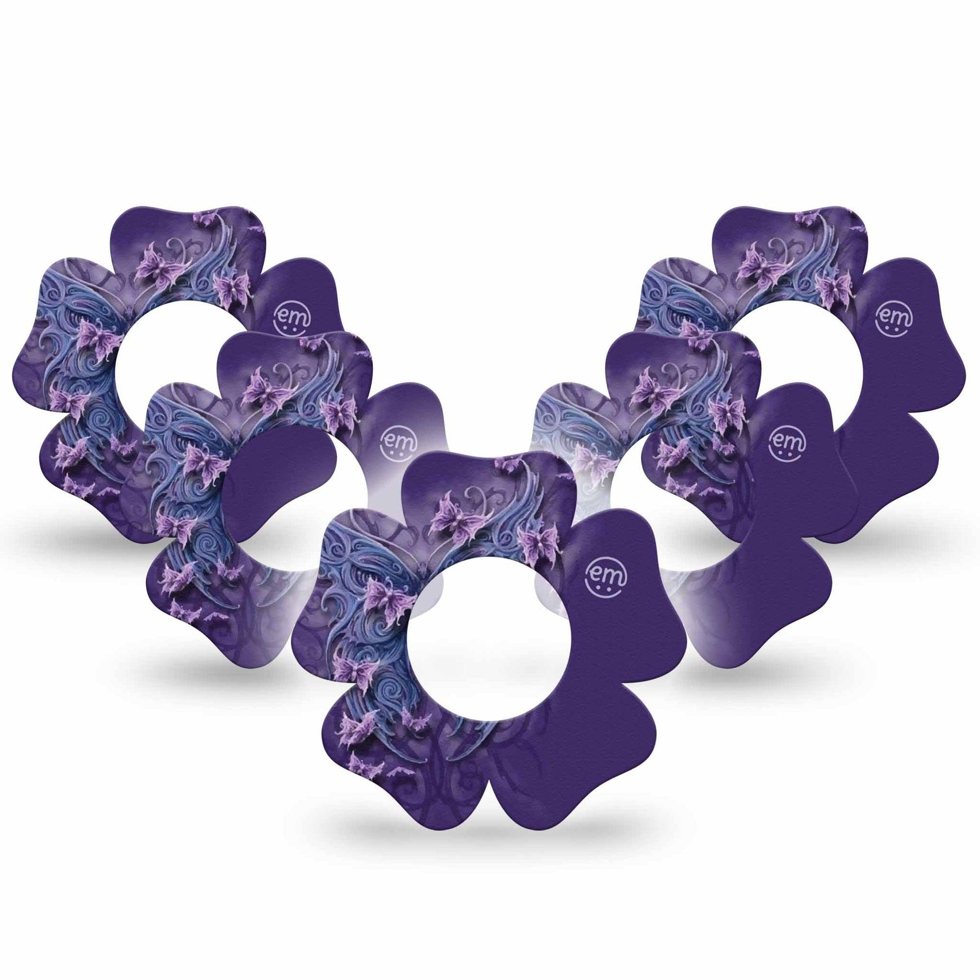 ExpressionMed Purple Butterfly Freestyle Libre 2 and Libre 2 Plus Flower Shape Tape, Abbott Lingo,  5-Pack Tape Purple Wings, Fixing Ring Tape CGM Design