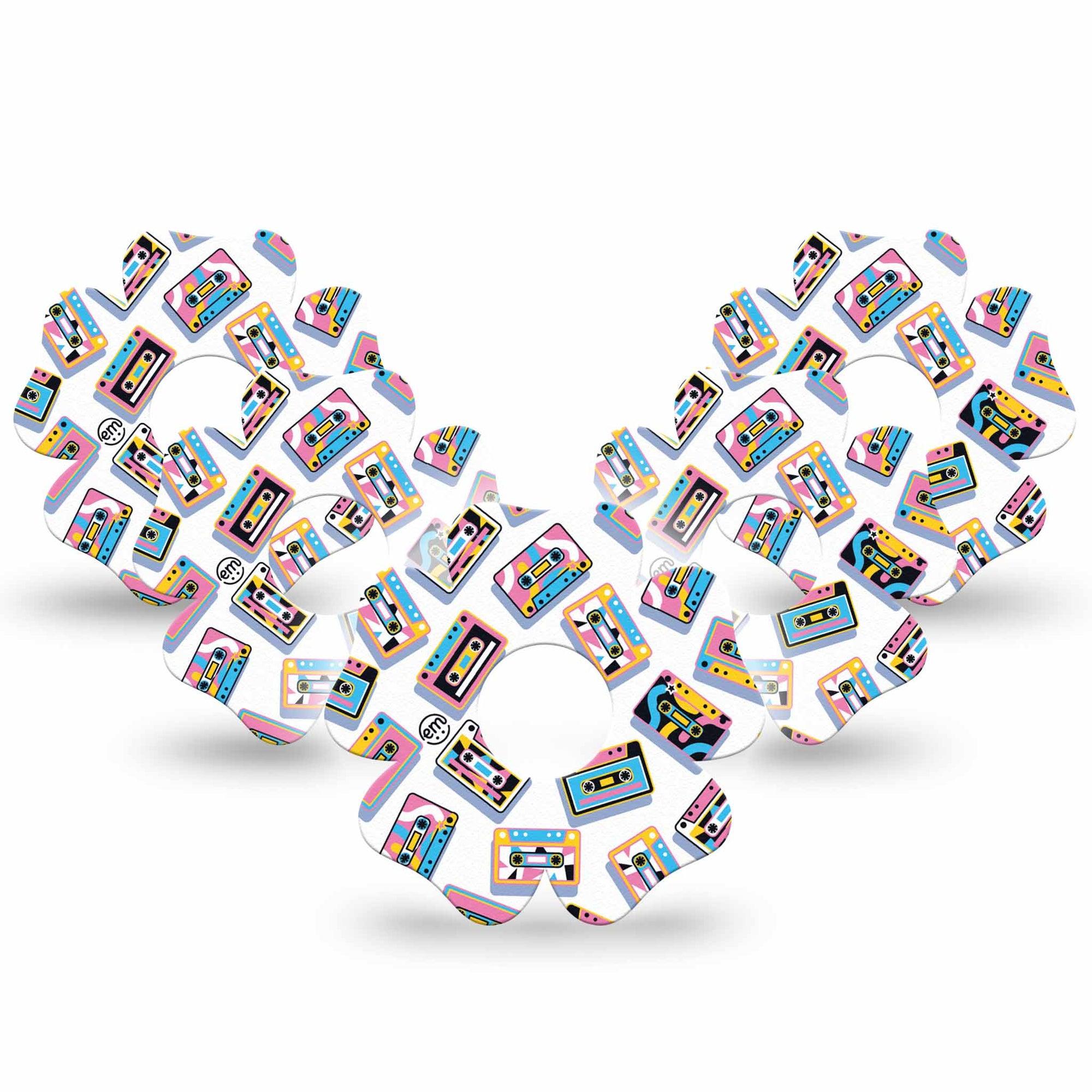 ExpressionMed Vintage Music Tapes Freestyle Libre 3 and Libre 3 Plus Flower Shape Tape 5-Pack Tape Bright Cassette Pattern, Plaster CGM Design