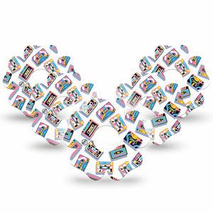 ExpressionMed Vintage Music Tapes Freestyle Libre 3 and Libre 3 Plus Flower Shape Tape 5-Pack Tape Bright Cassette Pattern, Plaster CGM Design