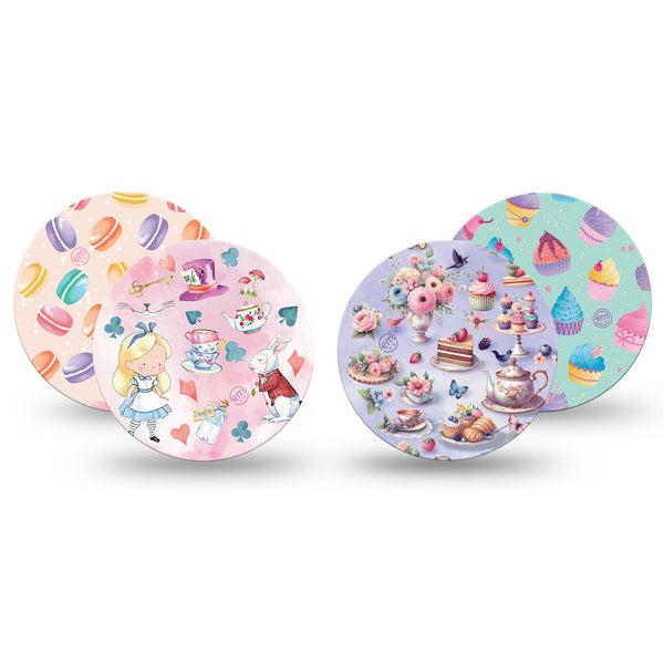 ExpressionMed Mad Hatter's Delight Variety Pack Freestyle Libre and Libre 2 Plus Overpatch, Abbott Lingo, 4-Pack  Tape Variety Tea Party Cakes In Wonderland, Fixing Ring Patch CGM Design