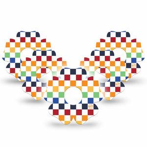 ExpressionMed Rainbow Checkerboard Freestyle Libre 3 and Libre 3 Plus Flower Shape Tape 5-Pack Tape Grid Checkered Rainbow, Plaster CGM Design