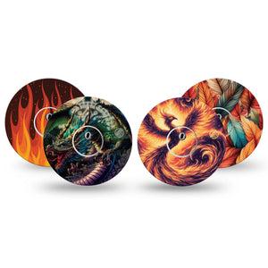 ExpressionMed Ember Rise Variety Pack Freestyle Libre 3 and Libre 3 Plus Sticker and Tape  Fire Breathing Inspired Animals, Vinyl Sticker and Tape Pairing CGM Design