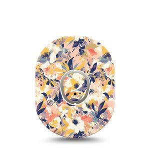 ExpressionMed Tinted Blooms Dexcom G7 Tape, Dexcom Stelo Glucose Biosensor System,  Single Tape and Single Sticker Peachy Navy Toned Florals Overlay Tape Continuous Glucose Monitor Design