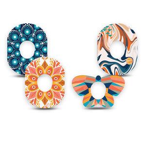 ExpressionMed Fractal Flight Variety Pack Dexcom G7 Butterfly Shape Tape, Dexcom Stelo Glucose Biosensor System, 4-Pack Tape Variety Orange And Blue Asymmetrical Prints, Adhesive Tape CGM Design