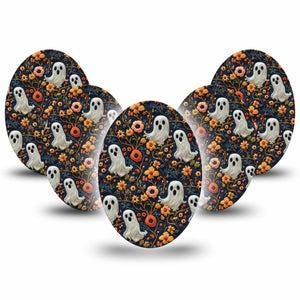 ExpressionMed Embroidered Ghost Medtronic Guardian Enlite Universal Oval, 5-Pack Tape Cute Spooky Embroidery, Plaster CGM Design