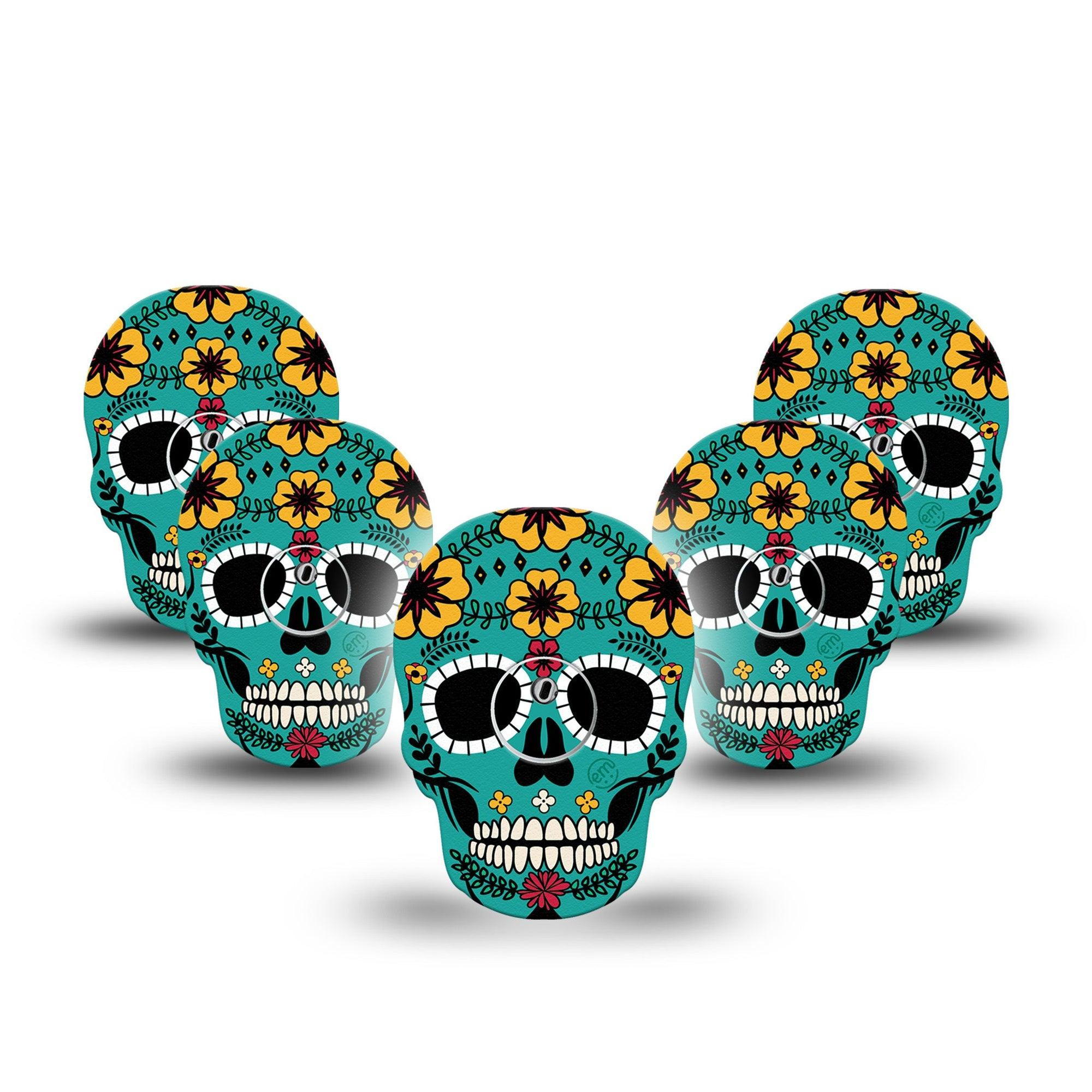 ExpressionMed Teal Skull Freestyle Libre 3 Skull Shape Tape 5-Pack Tape and 5-Pack Sticker Blue Green Flower Skull Patch CGM Design