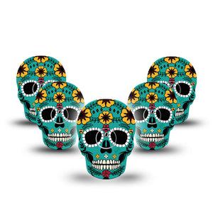 ExpressionMed Teal Skull Freestyle Libre 3 Skull Shape Tape 5-Pack Tape and 5-Pack Sticker Blue Green Flower Skull Patch CGM Design