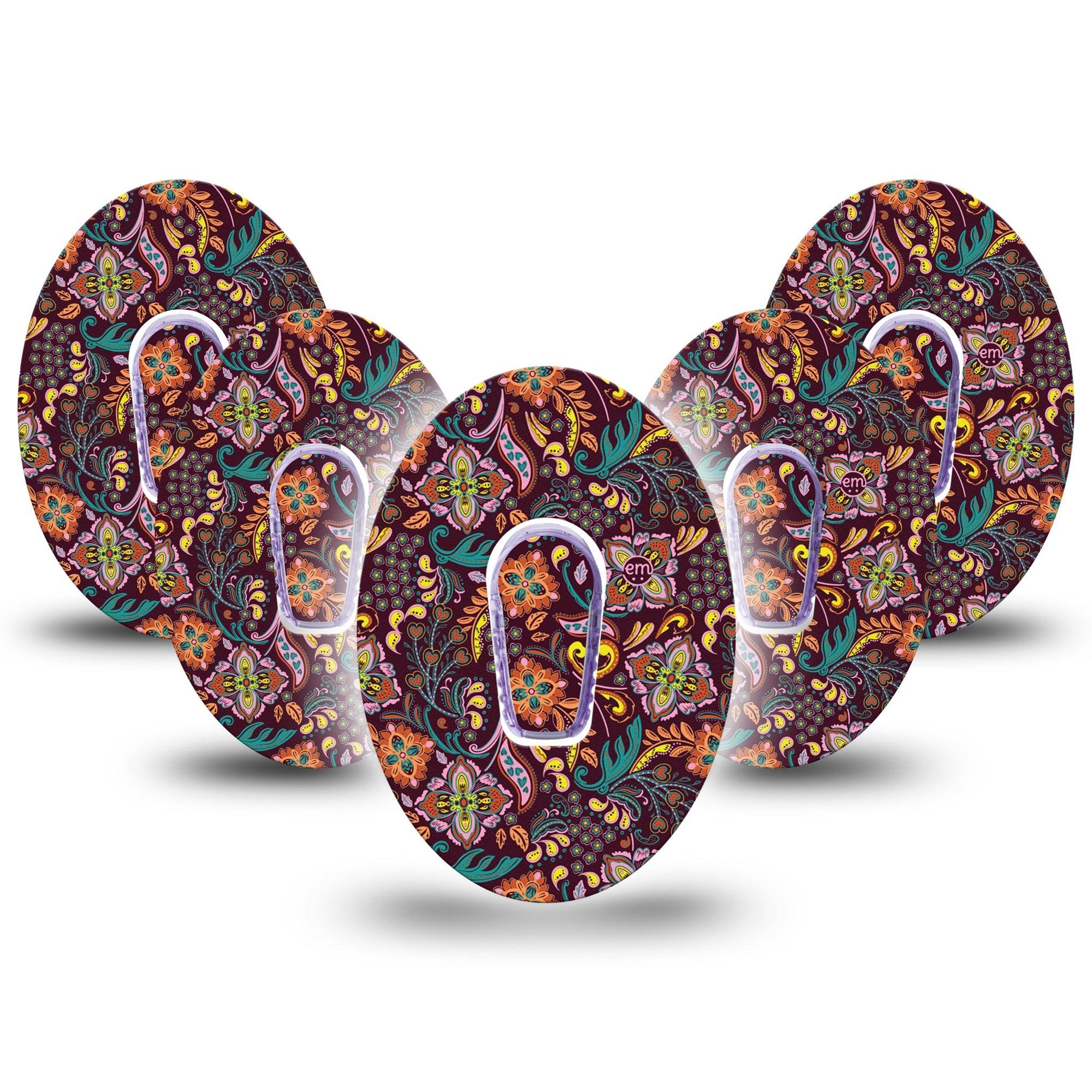 ExpressionMed Ornate Floral Dexcom G6 Tape 5-Pack Tape and 5-Pack Sticker Boho Pattern Floral, Plaster CGM Design