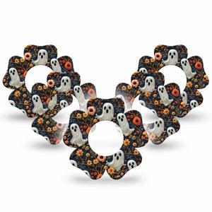 ExpressionMed Embroidered Ghost Freestyle Libre 2 and Libre 2 Plus Flower Shape Tape, Abbott Lingo,  5-Pack Tape Orange Florals and Ghouls, Fixing Ring Tape CGM Design