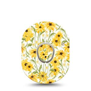ExpressionMed Yellow Mosaic Floral Dexcom G7 Tape, Dexcom Stelo Glucose Biosensor System, Single Tape and Single Sticker Mustard Yellow Flower Plants, Overlay Tape CGM Design