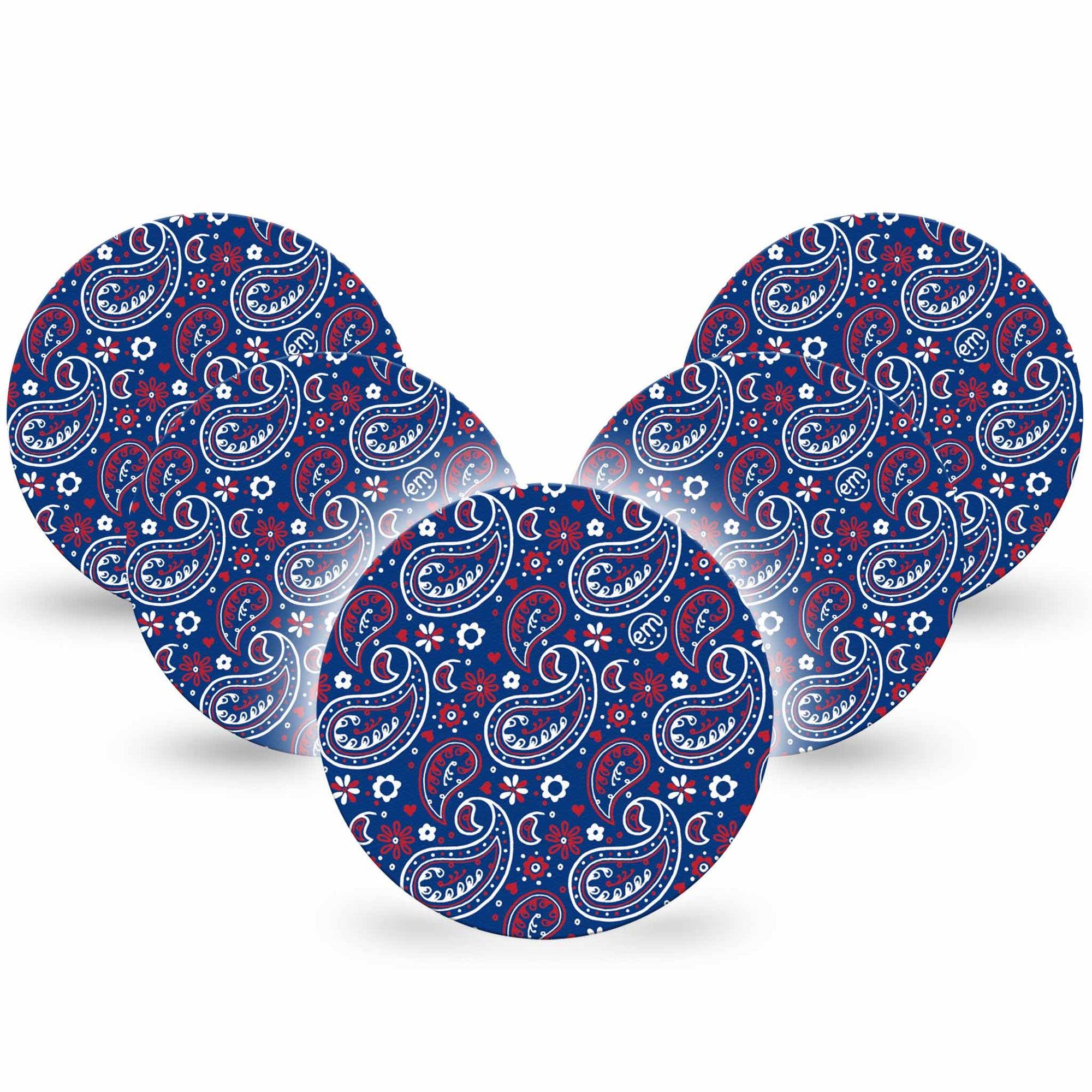 ExpressionMed Independence Paisley Dexcom G7 Overpatch, Dexcom Stelo Glucose Biosensor System, 5-Pack Tape Blue Red White Paisley Print, Overlay Tape CGM Design