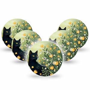 ExpressionMed Jungle Cat Freestyle Libre, Libre 2 Plus, and Abbott Lingo, 5-Pack Tape and 5-Pack Sticker Golden tulips and cat Accessories for Continuous Glucose Monitor