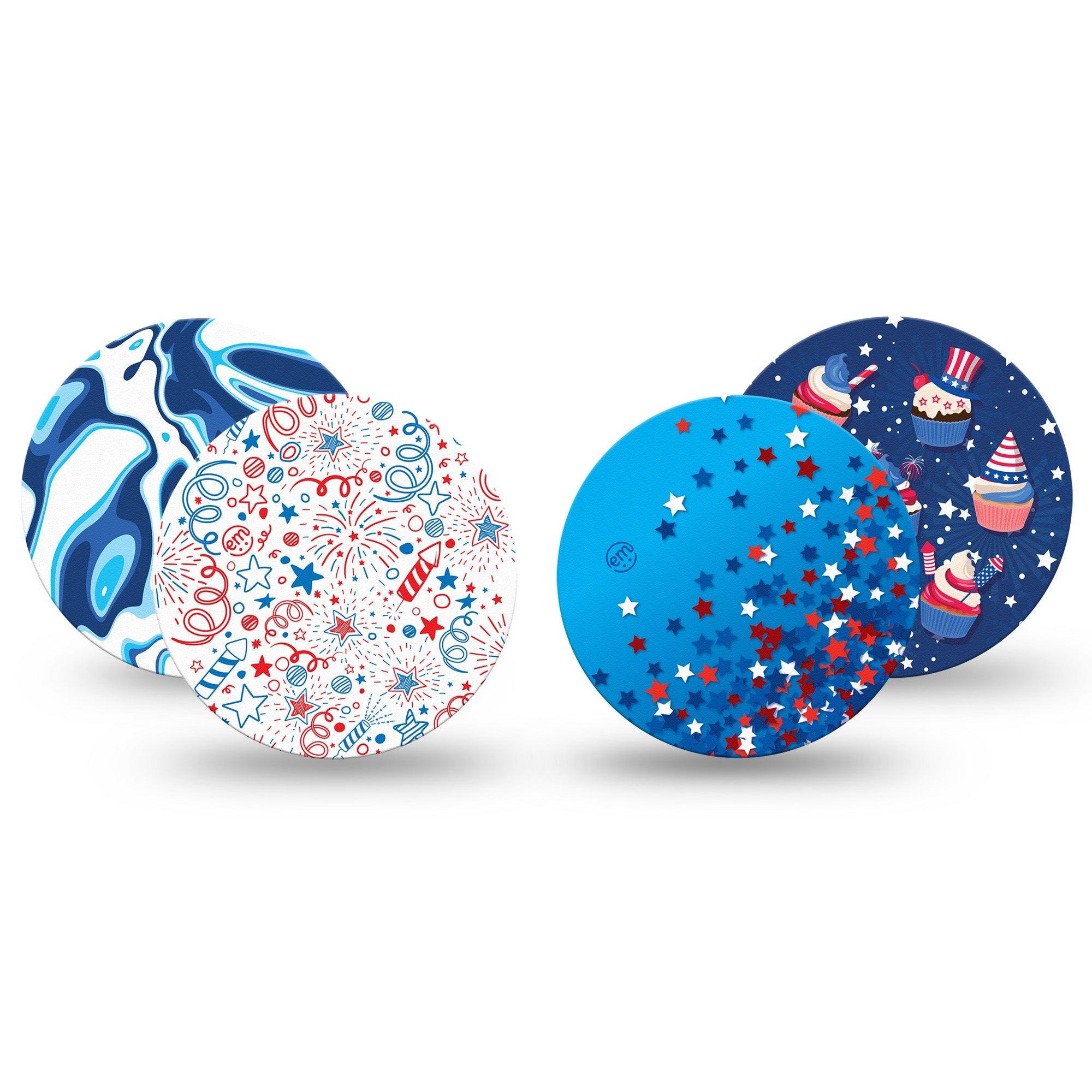 ExpressionMed Firecracker Frenzy Variety Pack Freestyle Libre and Libre 2 Plus Overpatch, Abbott Lingo, 4-Pack  Tape Variety Sparkling Red White Blue Stars, Fixing Ring Patch CGM Design