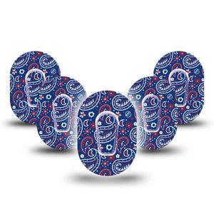 ExpressionMed Independence Paisley Dexcom G6 Mini Tape 5-Pack Tape and 5-Pack Sticker Blue Red White Paisley Print, Adhesive Tape CGM Design