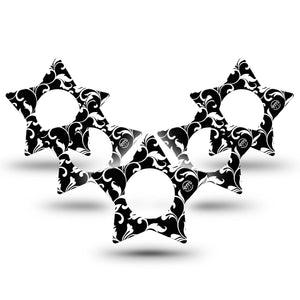 ExpressionMed Fleur de lis Freestyle Libre 2, Abbott Lingo, Star Shape Tape 5-Pack Black and White vines Plaster CGM Design