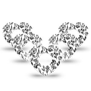 ExpressionMed Custom Black and White Floral Infusion Set Heart Shape Tape 10-Pack Tape Unique Blossoms Plaster Continuous Glucose Monitor Design