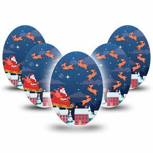 ExpressionMed Santa With Sled Medtronic Guardian Enlite Universal Oval 5-Pack Tape Santa Flying Over Town, Plaster Continuous Glucose Monitor Design