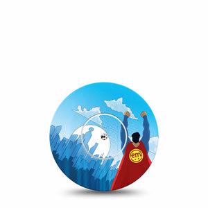 ExpressionMed Super Man Freestyle Libre and Libre 2 Plus Tape, Abbott Lingo, Single Tape and Single Sticker Metropolis Defender, Fixing Ring Tape Continuous Glucose Monitor Design