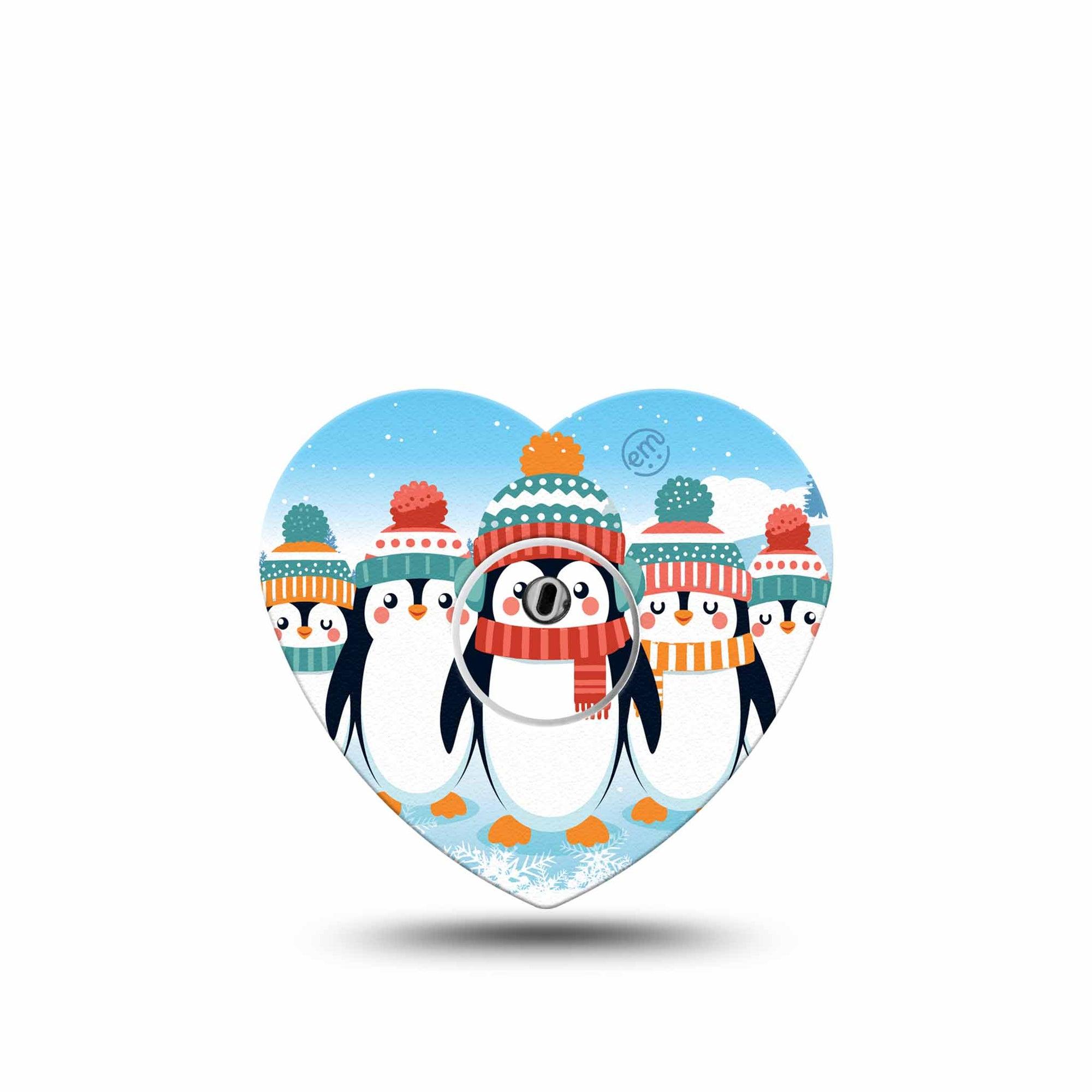 ExpressionMed Penguins In Row Freestyle Libre 3 Heart Shape Tape Single Tape and Single Sticker Hat and Scarf Penguins, Patch CGM Design