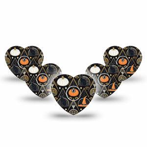 ExpressionMed Art Deco Halloween Freestyle Libre 3 and Libre 3 Plus Heart Shape Tape 5-Pack Tape and 5-Pack Sticker Black Cats Art Deco, Patch CGM Design