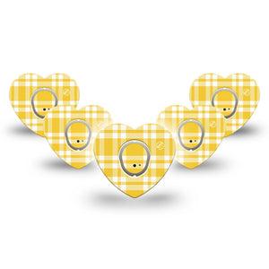 ExpressionMed yellow gingham Dexcom G7 and Dexcom Stelo Glucose Biosensor System Heart, 5-Pack Tape and 5-Pack Sticker Yellow plaid gingham Overlay Patch for Continuous Glucose Monitor