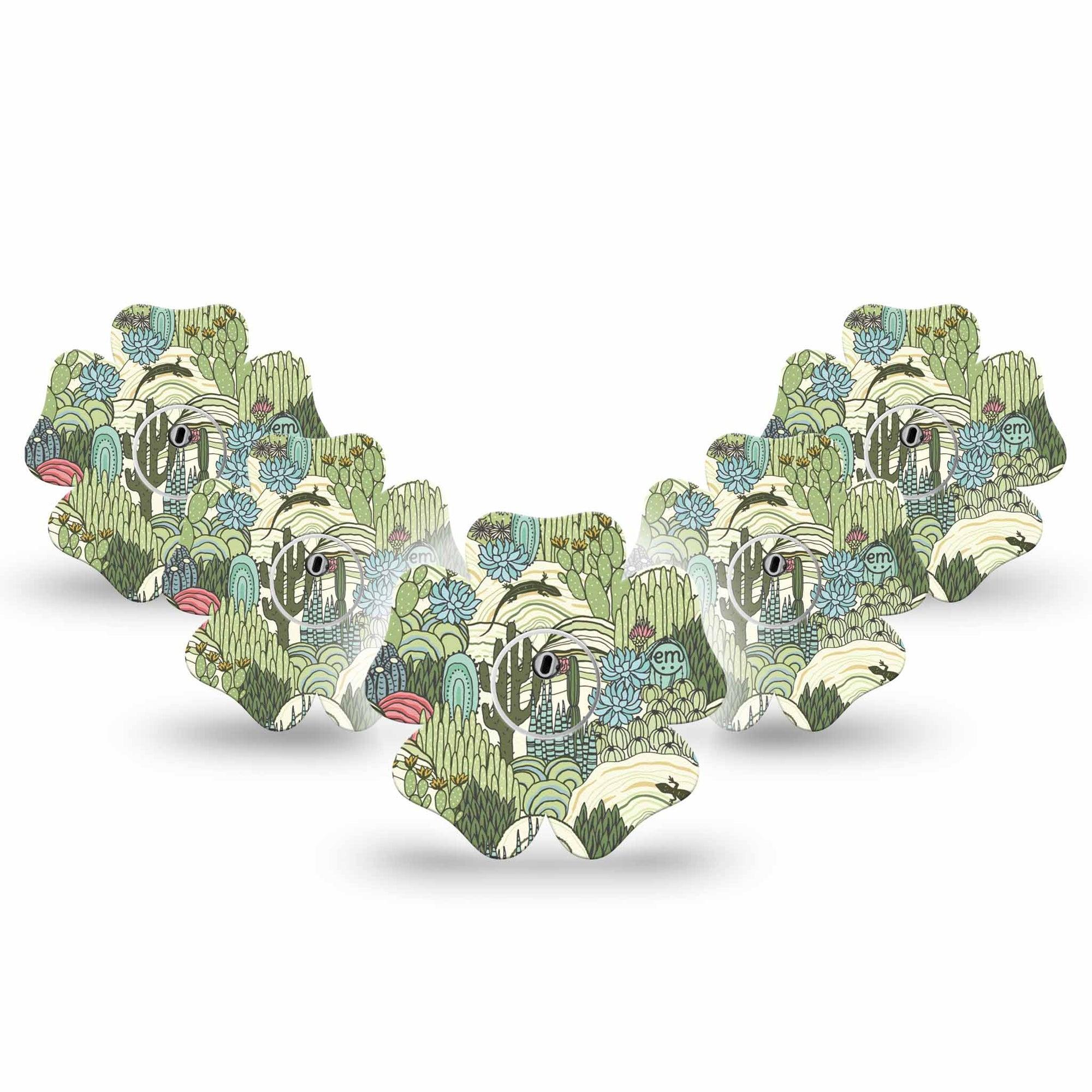 ExpressionMed Cactus Freestyle Libre 3 and Libre 3 Plus Flower Shape Tape 5-Pack Tape and 5-Pack Sticker Bright Pastel Cactus Garden, Plaster CGM Design