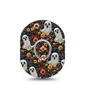 ExpressionMed Embroidered Ghost Dexcom G7 Sticker and Tape, Dexcom Stelo Glucose Biosensor System,  Ghost Halloween Stitch Inspired, Vinyl Sticker and Tape Pairing Continuous Glucose Monitor Design