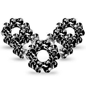 ExpressionMed Fleur de lis Infusion Set Flower Shape Tape 10-Pack Black and white floral Overlay Tape Continuous Glucose Monitor Design