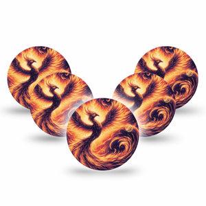 ExpressionMed Rising Phoenix Freestyle Libre 3 and Libre 3 Plus Overpatch, 5-Pack Tape Golden Fire Bird, Adhesive Patch CGM Design