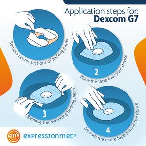 ExpressionMed Application Instructions. 1. Prep skin with soap and water. 2. Remove paper Middle Sections and lay center hole over device. 3. Peel off both end sections and smooth down on skin. To remove, hold an edge and stretch material off skin.