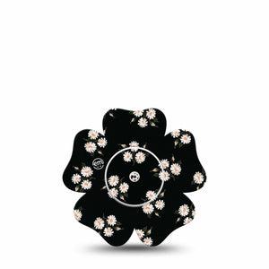 ExpressionMed Black Daisies Freestyle Libre 2 and Libre 2 Plus Flower Shape Tape, Abbott Lingo,  Single Tape and Single Sticker Dark Spring Daisy Pattern, Fixing Ring Tape CGM Design
