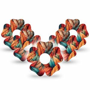 ExpressionMed Fall Leaf Feathers Freestyle Libre 3 Flower Shape Tape 5-Pack Orange Green Feather Mix Plaster CGM Design