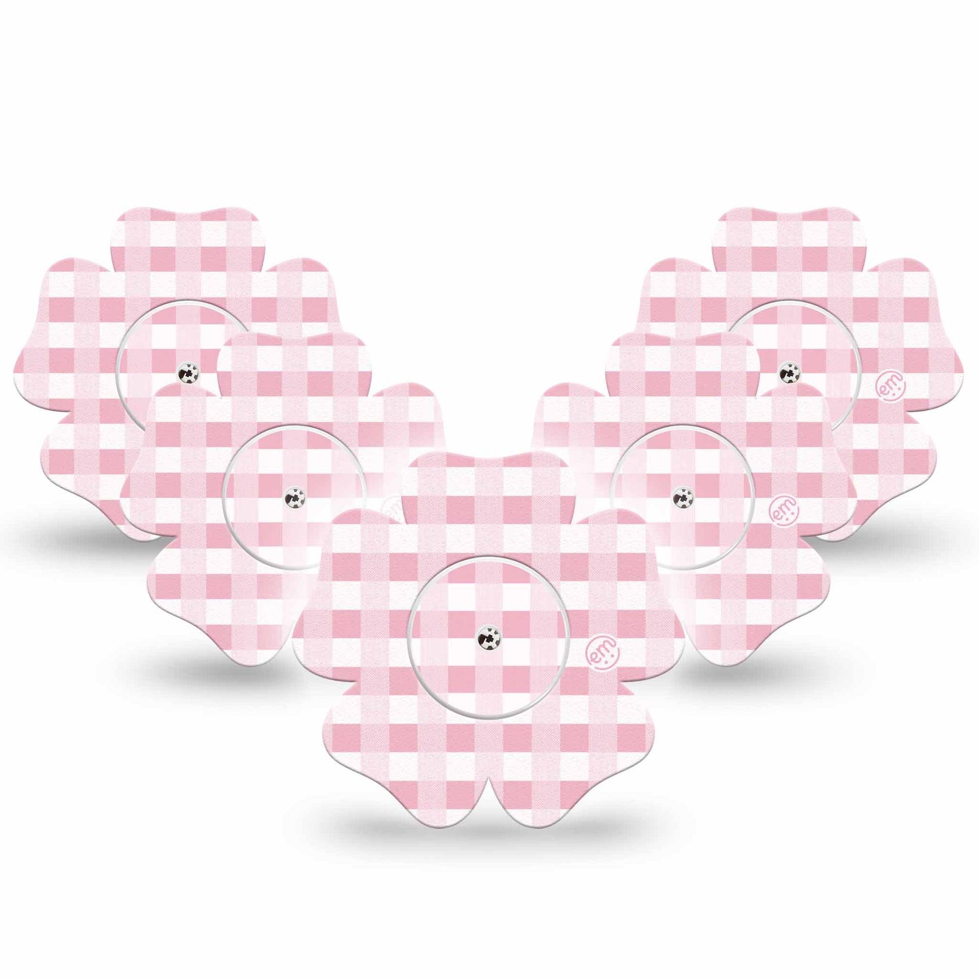 ExpressionMed Pink Gingham Freestyle Libre 2 and Libre 2 Plus Flower Shape Tape, Abbott Lingo,  5-Pack Tape & 5-Pack Sticker Pink Plaid, Fixing Ring Tape CGM Design