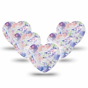 ExpressionMed Dreamy Blooms Freestyle Libre 2 Heart Shape Tape, Abbott Linggo, 5-Pack Tape and 5-Pack Sticker Cloud Like Florals Adhesive Patch CGM Design