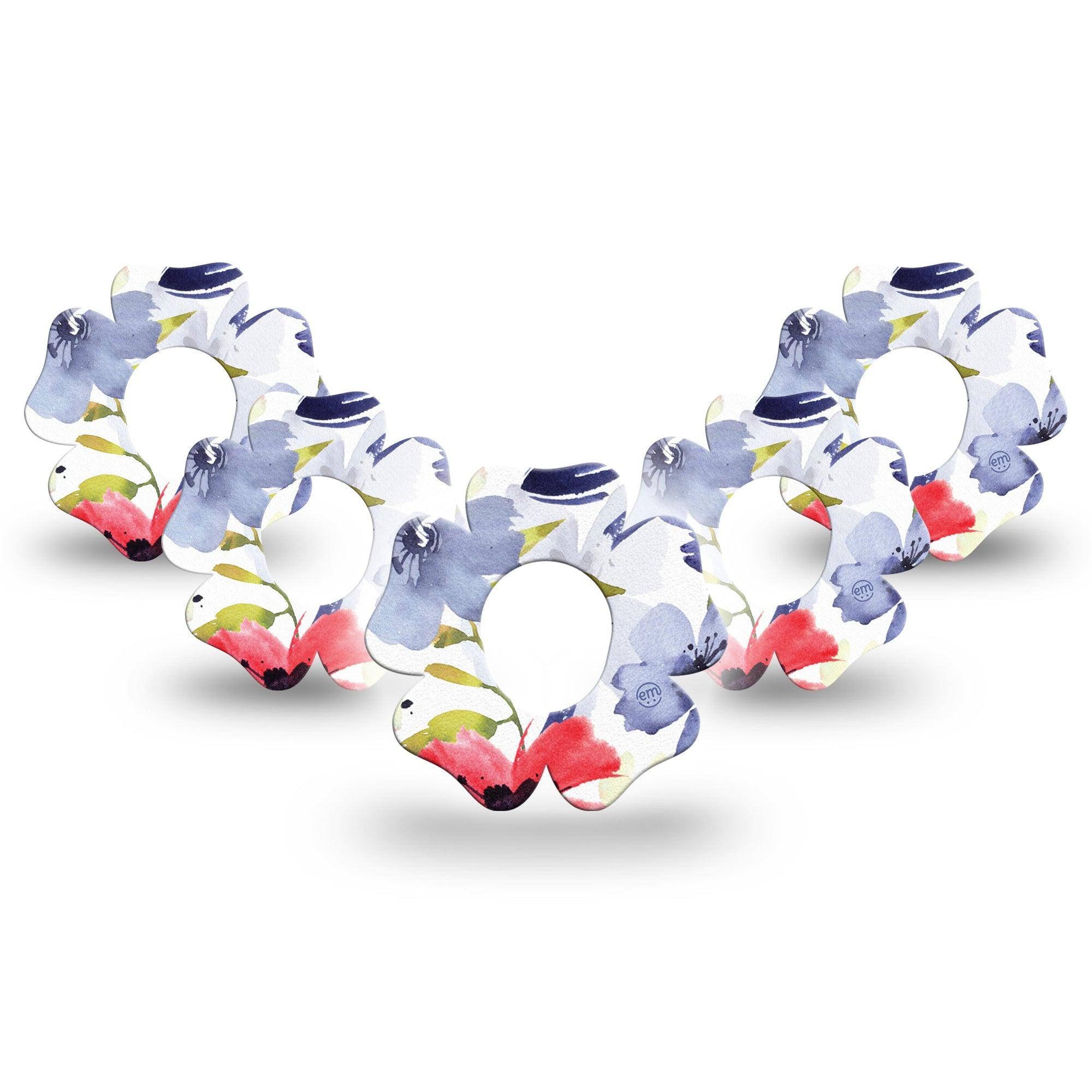 ExpressionMed Red White & Blue Flowers Dexcom G7 Flower Shape Tape, Dexcom Stelo Glucose Biosensor System, 5-Pack Floral Displays Adhesive Tape CGM Design