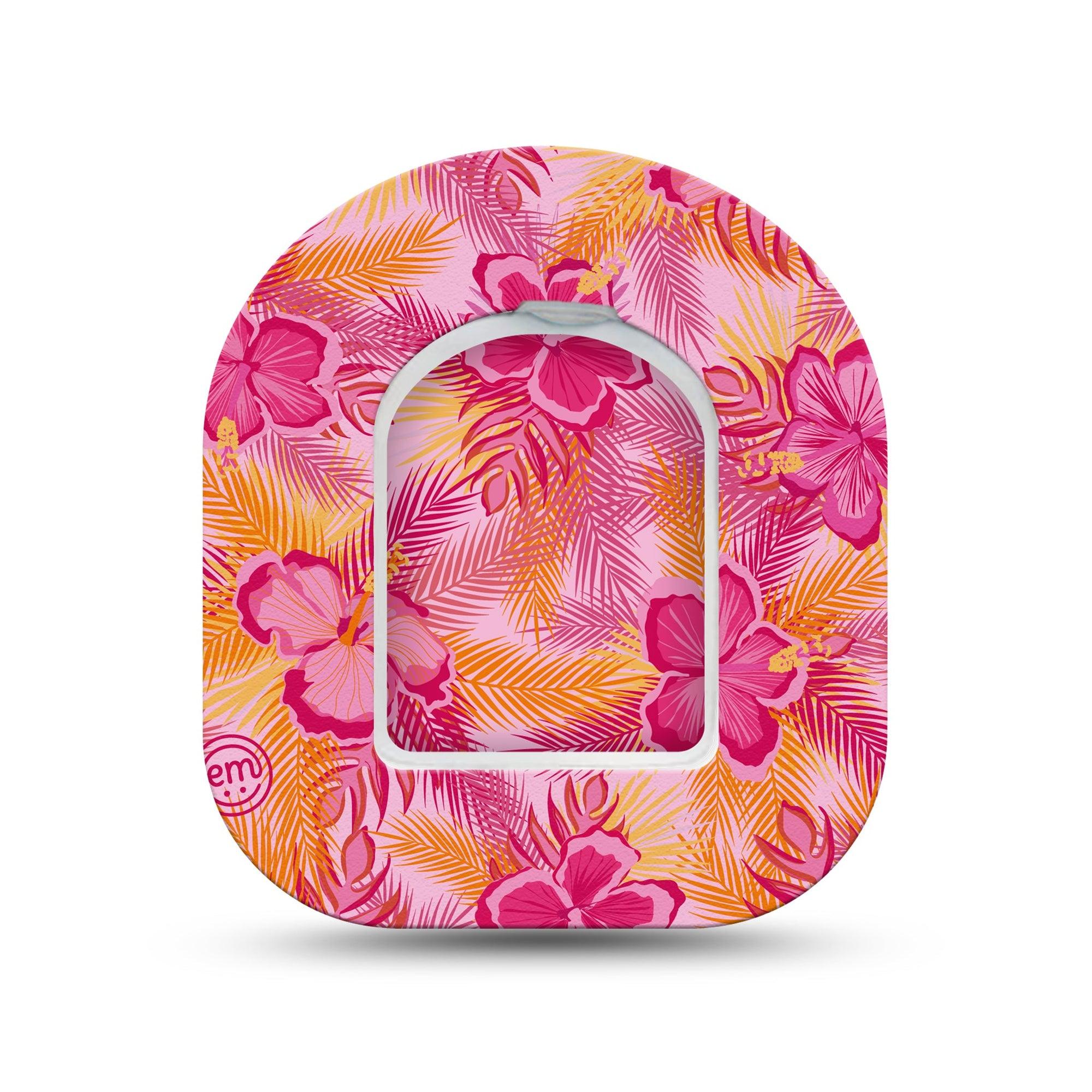 ExpressionMed Pink Hibiscus Omnipod Surface Center Sticker and Mini Tape Pink Florals Orange Stems Vinyl Sticker and Tape Design Pump Design