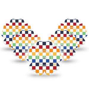 ExpressionMed Rainbow Checkerboard Freestyle Libre 2 and Libre 2 Plus Flower Shape Tape, Abbott Lingo, 5-Pack Tape and 5-Pack Sticker Grid Checkered Rainbow, Fixing Ring Tape CGM Design